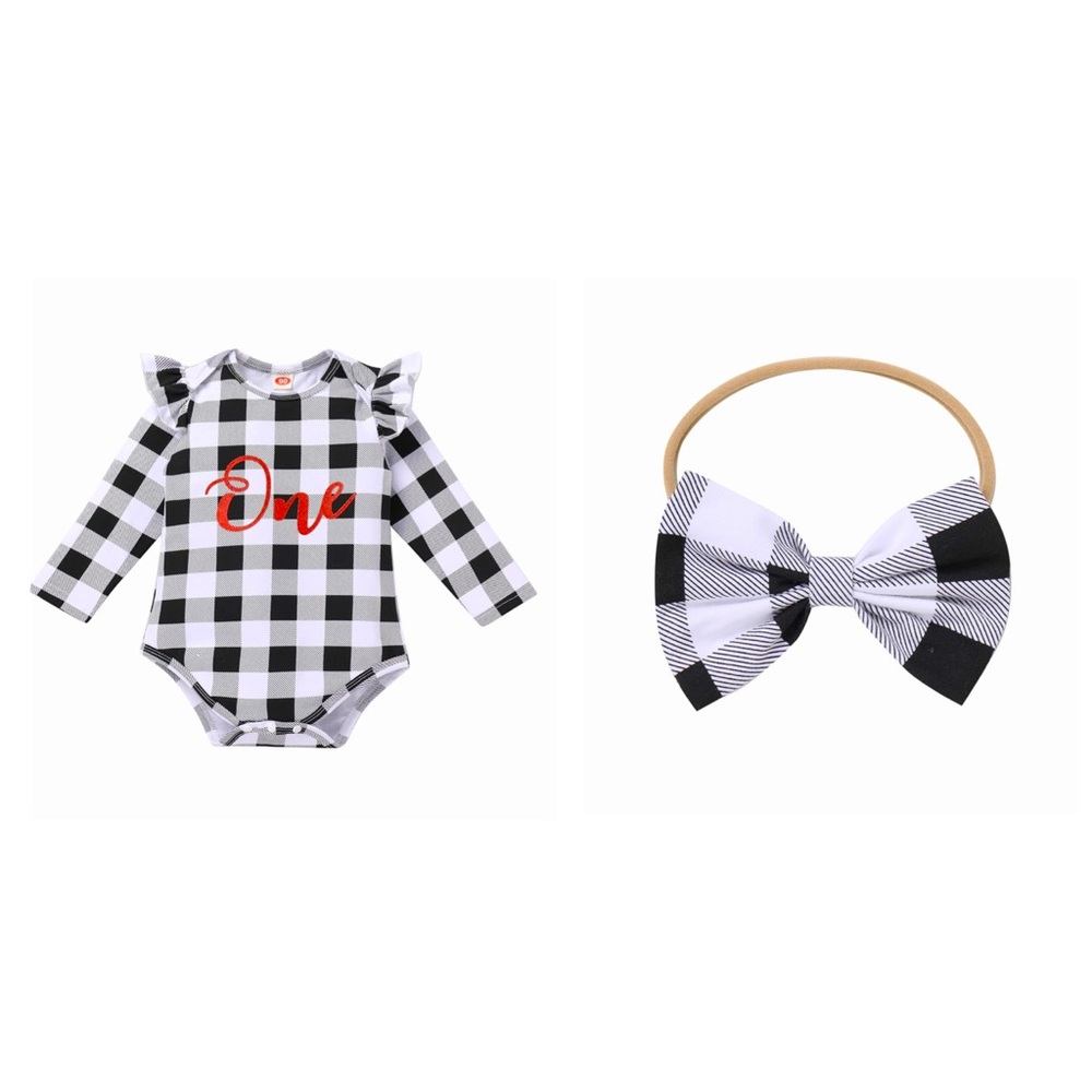 Plaid Baby One Piece Outfit with Bow Headband For 1st Birthday Black/White